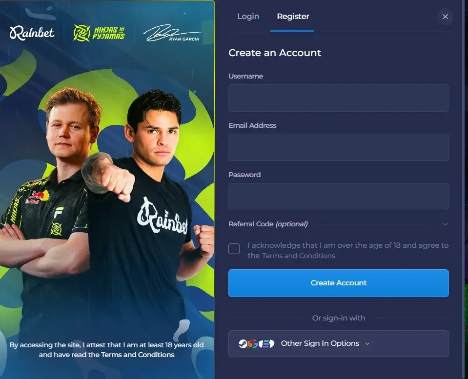 rejestracja i login w rainbet casino